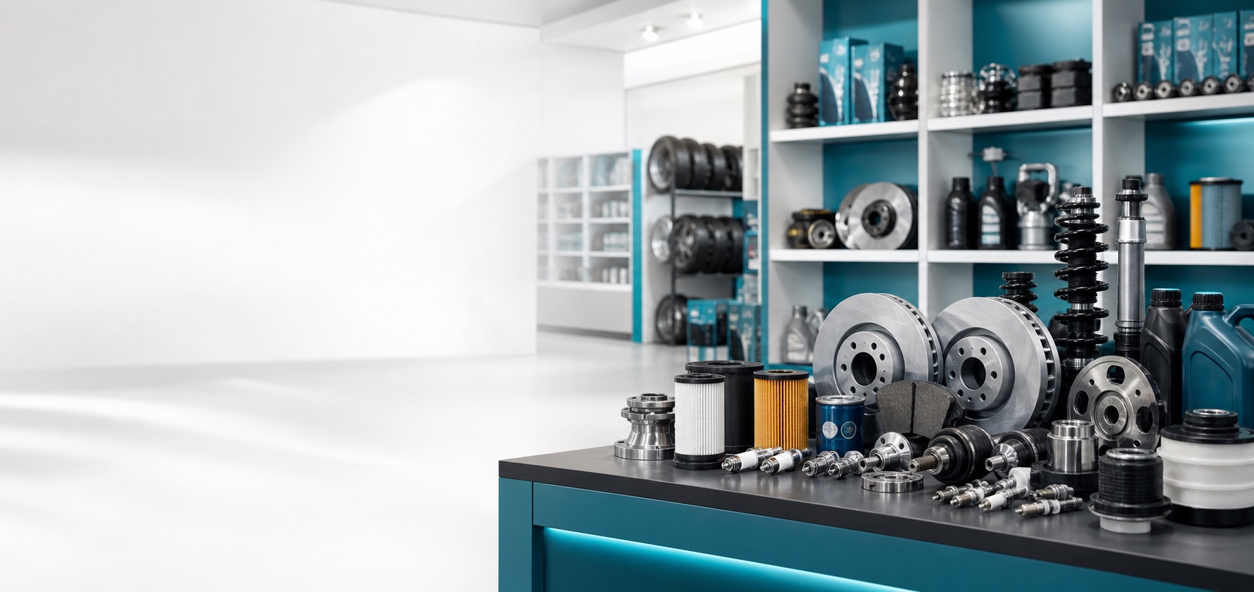 Premium automobile spare parts displayed in a modern shop